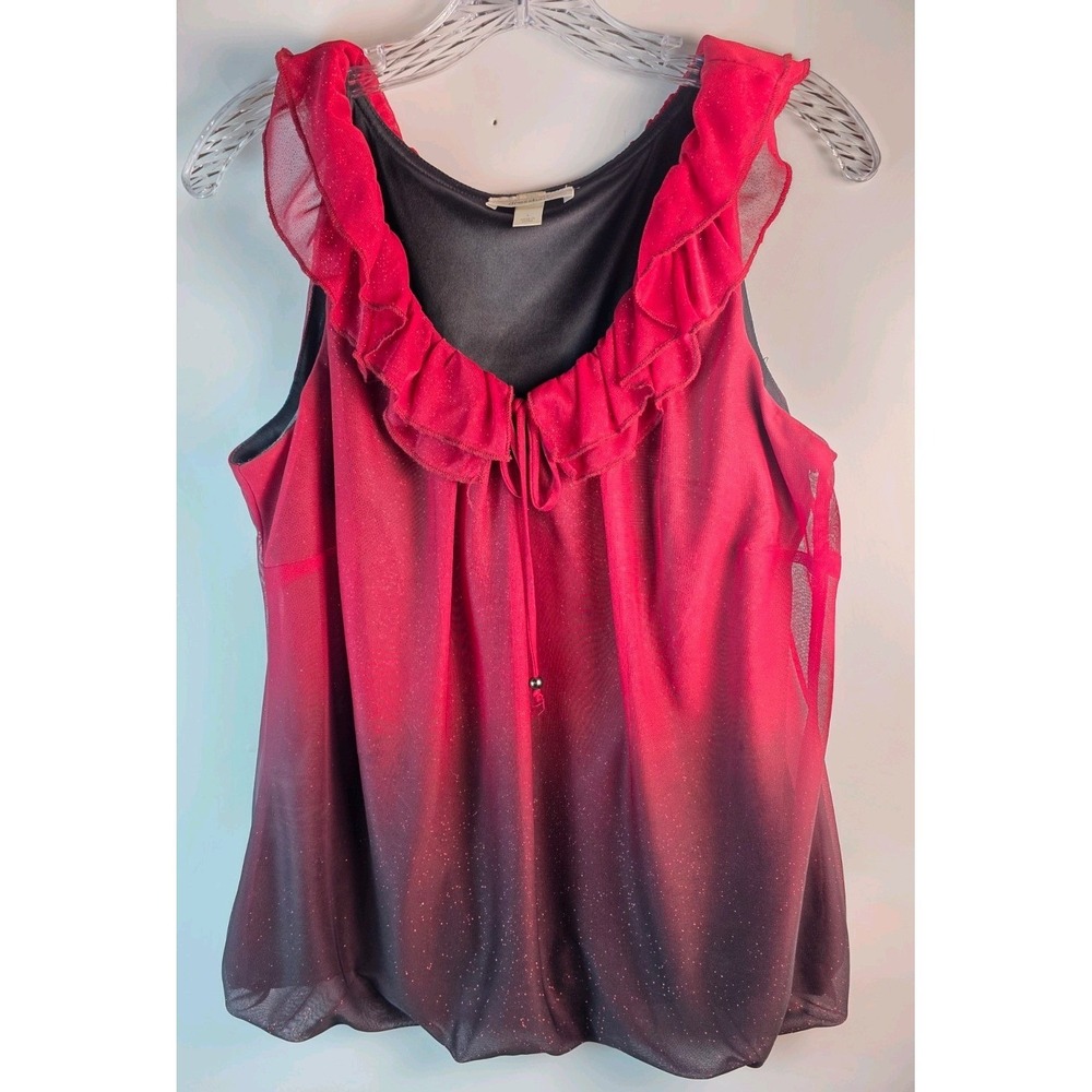 Dressbarn Womens Red Ombre Glitter Ruffle Neck Bubble Hem Tank Top Blouse Large
